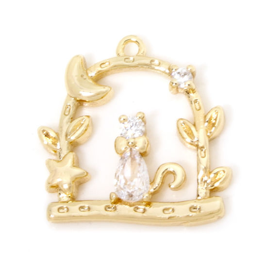 Picture of 1 Piece Eco-friendly Brass Charms 18K Real Gold Plated Window Cat Hollow Clear Cubic Zirconia 17mm x 17mm