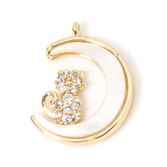 Picture of 1 Piece Eco-friendly Natural Shell & Brass Charms 18K Real Gold Plated Half Moon Cat Micro Pave Clear Cubic Zirconia 14mm x 11mm