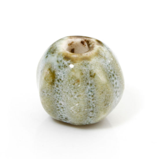 Picture of 20 PCs Ceramic Beads For DIY Jewelry Making Pumpkin Sage Green About 12mm x 11mm, Hole: Approx 2mm