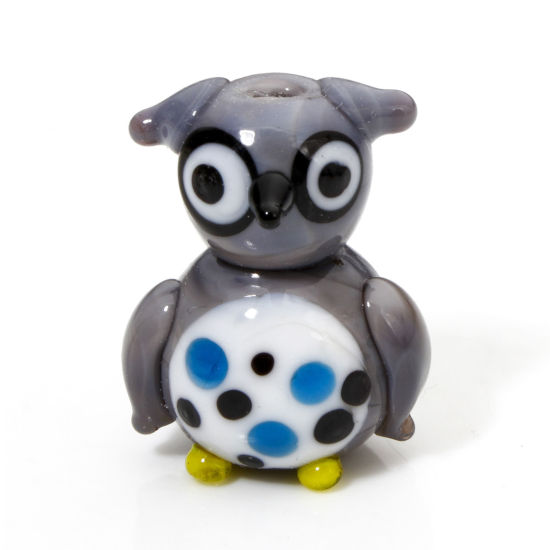 Picture of 1 Piece Lampwork Glass Beads For DIY Jewelry Making Owl Animal Gray Dot 3D About 22mm x 16mm, Hole: Approx 2mm