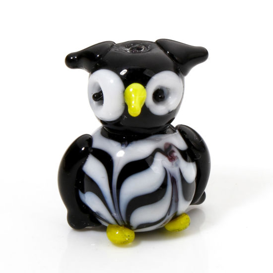 Picture of 1 Piece Lampwork Glass Beads For DIY Jewelry Making Owl Animal Black Stripe 3D About 21mm x 18mm, Hole: Approx 1.2mm