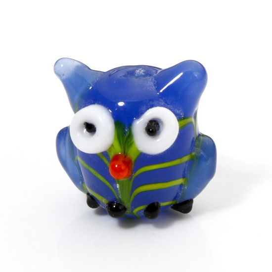 Picture of 1 Piece Lampwork Glass Beads For DIY Jewelry Making Owl Animal Blue Stripe 3D About 17mm x 17mm, Hole: Approx 1.6mm