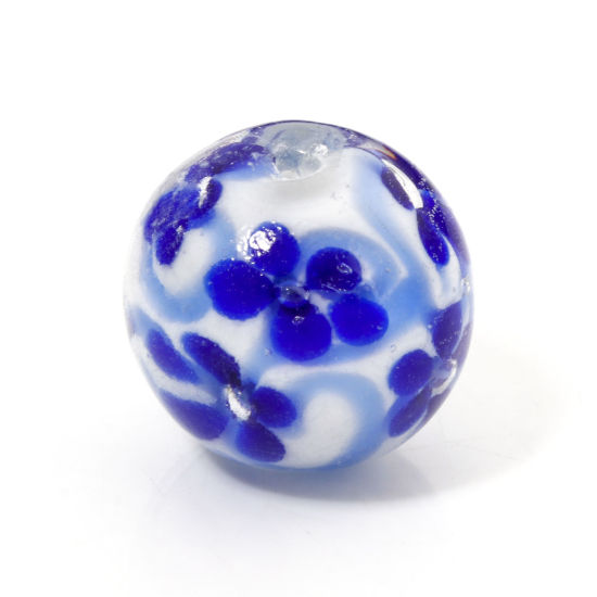 Picture of 1 Piece Lampwork Glass Beads For DIY Jewelry Making Round Blue Flower About 20mm Dia, Hole: Approx 1.6mm