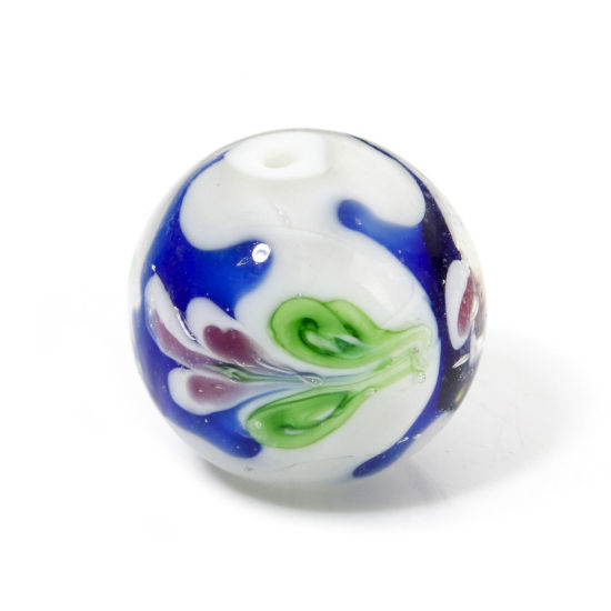 Picture of 1 Piece Lampwork Glass Beads For DIY Jewelry Making Round Multicolor Flower About 20mm Dia, Hole: Approx 1.6mm