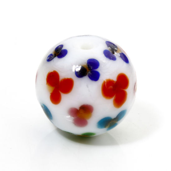 Picture of 1 Piece Lampwork Glass Beads For DIY Jewelry Making Round Multicolor Flower About 20mm Dia, Hole: Approx 1.6mm