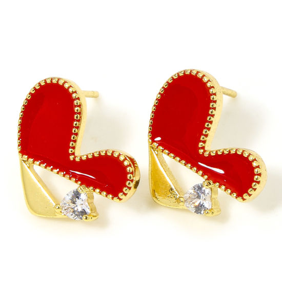 Bild von 2 PCs Hypoallergenic Brass Cute Earring Accessories 18K Gold Plated Red Heart Enamel Clear Rhinestone 14.5mm x 12mm, Post/ Wire Size: (20 gauge)