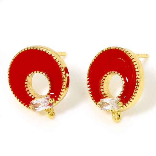 Bild von 2 PCs Hypoallergenic Brass Cute Earring Accessories 18K Gold Plated Red Circle Ring Rectangle Enamel Clear Rhinestone 13.5mm x 11.5mm, Post/ Wire Size: (20 gauge)