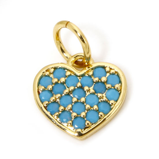 Immagine di 1 Pz Ecologico Ottone San Valentino Ciondoli Cuore 18K Vero Oro Placcato Blu Cubic Zirconiae 12mm x 9mm