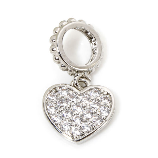 Immagine di 1 Pz Ecologico Ottone San Valentino Ciondoli Cuore Vero Platino Placcato Micro Spianare Trasparente Cubic Zirconiae 16mm x 9mm