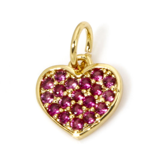 Immagine di 1 Pz Ecologico Ottone San Valentino Ciondoli Cuore 18K Vero Oro Placcato Micro Spianare Rosso Prugna Cubic Zirconiae 12mm x 9mm