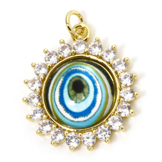 Image de 1 Pièce Breloques Religieux en Laiton Respectueux de la Nature Rond Plaqué Or Véritable 18K Œil Mauvais Avec Cabochon en Verre à Zircone Cubique Clair 26mm x 20mm