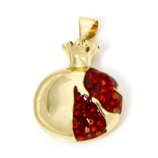 Picture of 1 Piece Eco-friendly Brass Charm Pendant 18K Real Gold Plated Red Pomegranate Enamel 26mm x 18mm