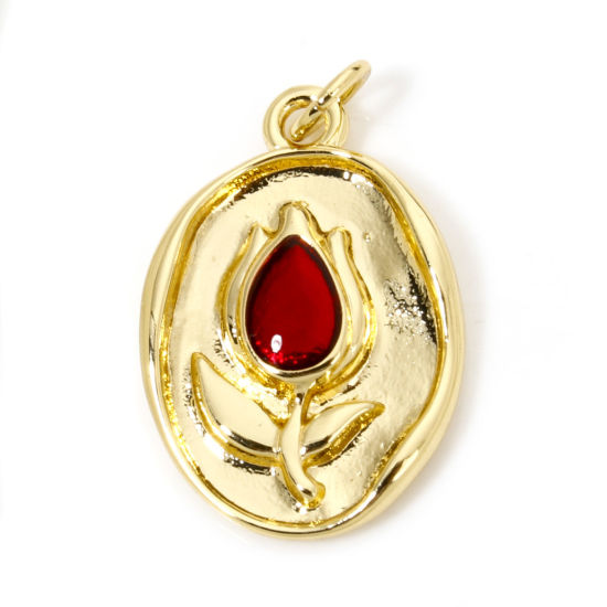 Bild von 1 Stück Umweltfreundlich Messing Charms 18K Echtgold plattiert Rot Oval Tulpen Emaille 25mm x 14,5mm