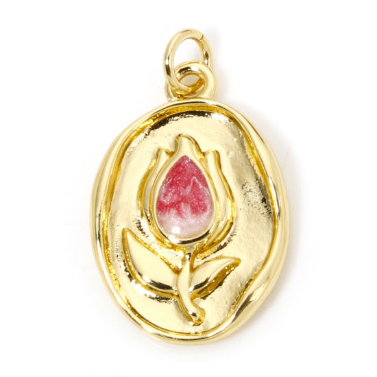 Bild von 1 Stück Umweltfreundlich Messing Charms 18K Echtgold plattiert Rosa Oval Tulpen Emaille 25mm x 14,5mm