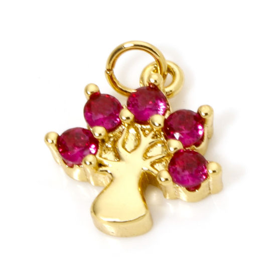 Picture of 1 Piece Eco-friendly Brass Charms 18K Real Gold Plated Tree Fuchsia Cubic Zirconia 15mm x 11.5mm