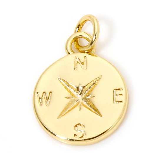 Picture of 1 Piece Eco-friendly Brass Travel Disc Charms 18K Real Gold Plated Compass 18mm x 12mm