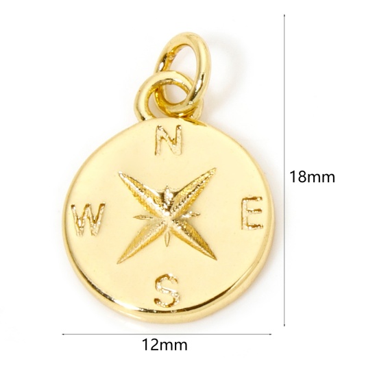 Picture of 1 Piece Eco-friendly Brass Travel Disc Charms 18K Real Gold Plated Compass 18mm x 12mm