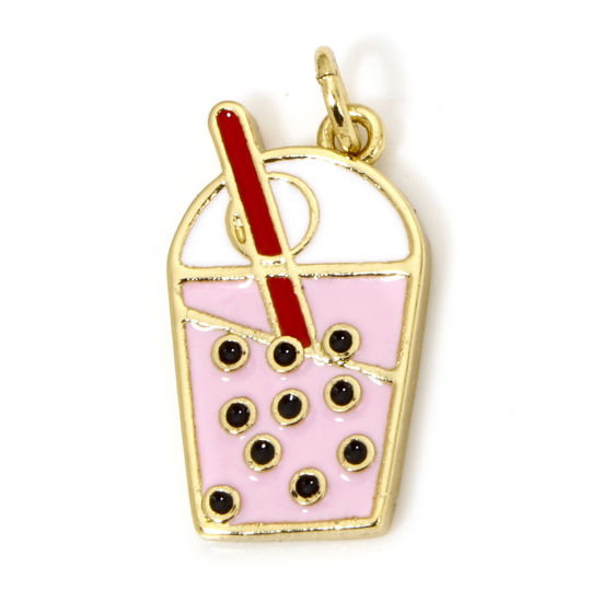 Picture of 1 Piece Eco-friendly Brass Charms 18K Real Gold Plated Pink Beverages Enamel 23mm x 12mm