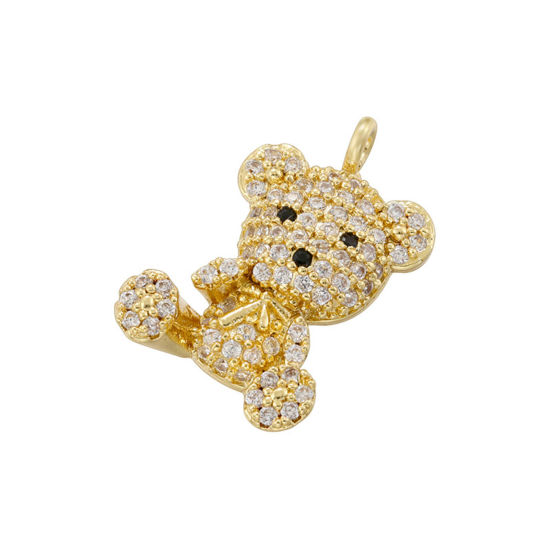 Image de 1 Pièce Breloques Micro Pave en Laiton Ours Plaqué Or 18K à Zircone Cubique Clair 19mm x 12.5mm
