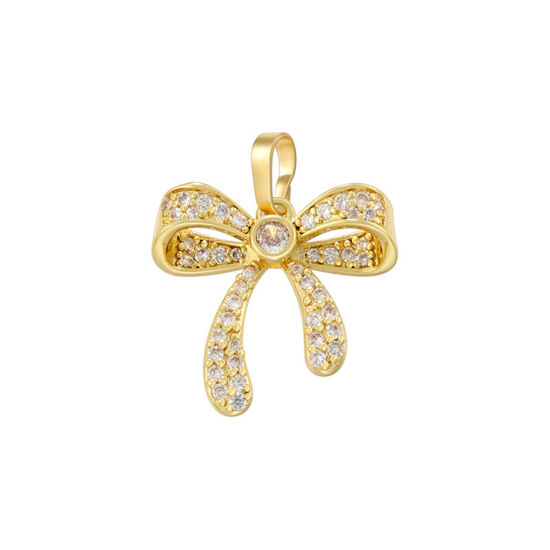 Image de 1 Pièce Pendentif Breloque Micro Pave en Laiton Nœuds Papillon Plaqué Or 18K à Zircone Cubique Clair 22mm x 18mm