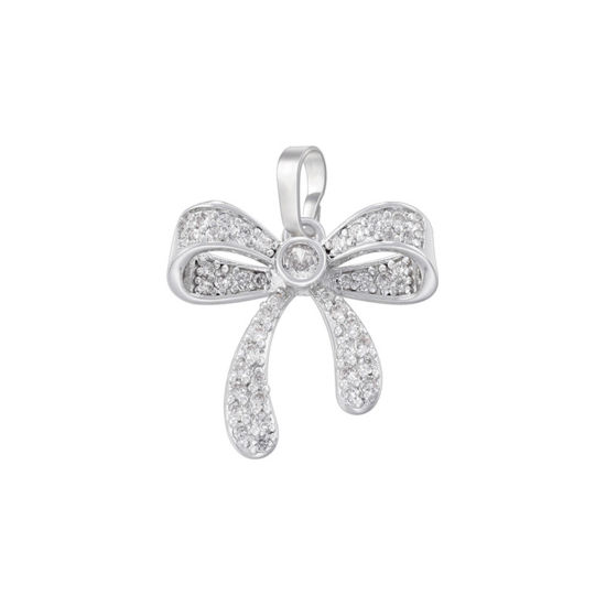 Image de 1 Pièce Pendentif Breloque Micro Pave en Laiton Nœuds Papillon Plaqué Platine à Zircone Cubique Clair 22mm x 18mm