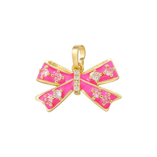Изображение 1 ШТ Латунь Подвески Мороженое 18K позолоченный Фуксия С Эмалью Прозрачный Страз 20мм x 17мм