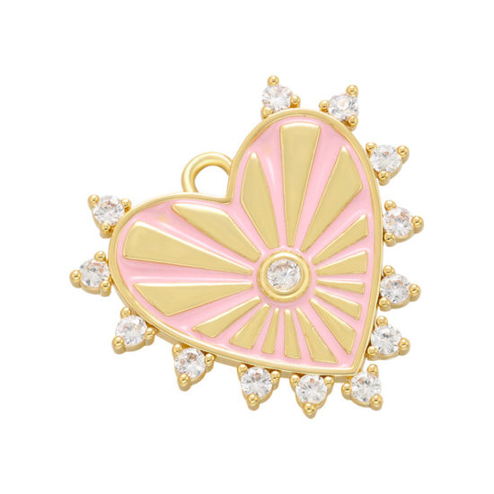 Image de 1 Pièce Breloques La Saint Valentin en Laiton Cœur Plaqué Or 18K Rose Rayons de Soleil Émail à Strass Transparent 23mm x 22mm