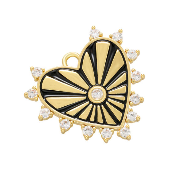 Image de 1 Pièce Breloques La Saint Valentin en Laiton Cœur Plaqué Or 18K Noir Rayons de Soleil Émail à Strass Transparent 23mm x 22mm