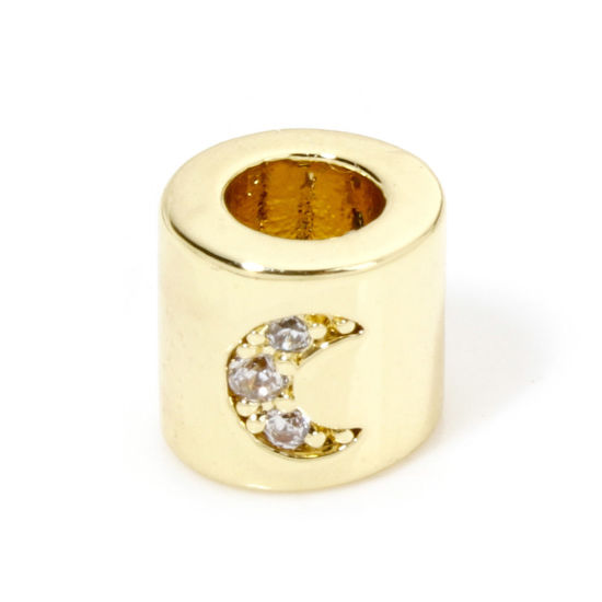 Bild von 1 Stück Umweltfreundlich Messing Galaxis Perlen zur DIY-Schmuckherstellung 18K Echtgold plattiert Zylinder Mond Transparent Strass Etwa 6mm x 6mm, Loch: Ca 3,2mm