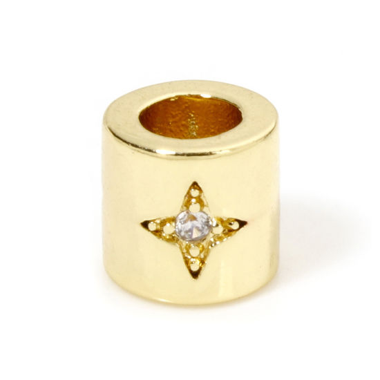 Bild von 1 Stück Umweltfreundlich Messing Galaxis Perlen zur DIY-Schmuckherstellung 18K Echtgold plattiert Zylinder Stern Transparent Strass Etwa 6mm x 6mm, Loch: Ca 3,2mm