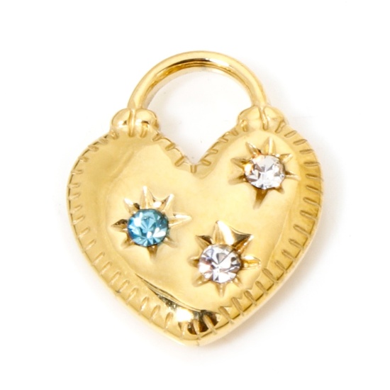 Picture of 1 Piece Eco-friendly Vacuum Plating 304 Stainless Steel Birthstone Charms Gold Plated Heart Lock Light Blue Rhinestone Clear Cubic Zirconia 17.5mm x 14mm