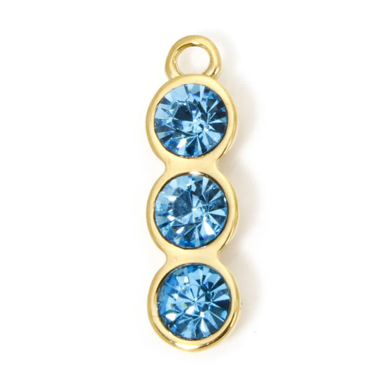 Picture of 1 Piece Eco-friendly Vacuum Plating 304 Stainless Steel Birthstone Charms Gold Plated Pea Light Blue Rhinestone 21mm x 6mm