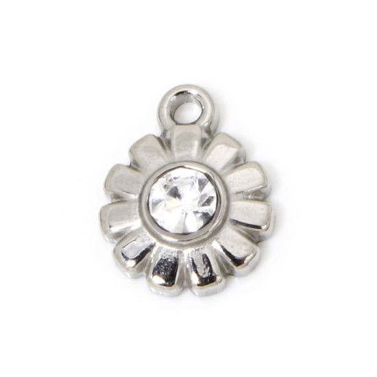 Bild von 1 Stück Umweltfreundlich 304 Edelstahl Exquisit Charms Gänseblümchen Silberfarbe Transparent Strass 11mm x 9mm