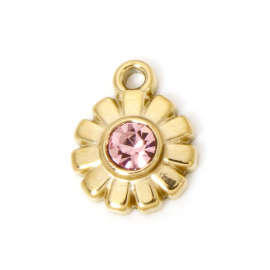 Bild von 1 Stück Umweltfreundliche Vakuumbeschichtung 304 Edelstahl Exquisit Charms Gänseblümchen Vergoldet Rosa Strass 11mm x 9mm