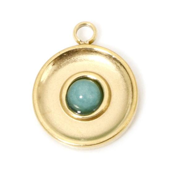 Immagine di 1 Pz Placcatura Sottovuoto Ecologica 304 Acciaio Inossidabile & Pietra Retrò Ciondoli Tondo Oro Placcato Verde 15.5mm x 12.5mm