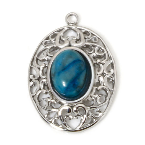 Image de 1 Pièce Breloques en 304 Acier Inoxydable & Pierre Respectueux de la Nature Rétro Ovale Argent Mat Bleu Paon Fleurs Creuses 21mm x 15.5mm