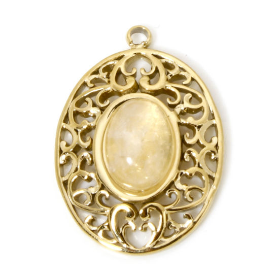 Image de 1 Pièce Breloques en 304 Acier Inoxydable & Pierre Placage Sous Vide Écologique Rétro Ovale Doré Champagne Fleurs Creuses 21mm x 15.5mm