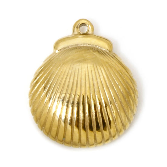 Image de 1 Pièce Breloques en 304 Acier Inoxydable Placage Sous Vide Écologique Bijoux d'Océan Coquille Doré Rayées 15mm x 12.5mm