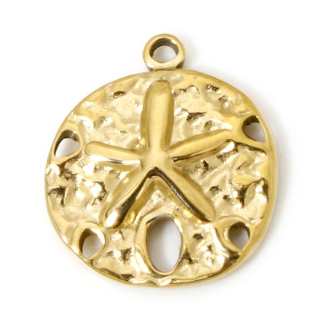 Picture of 1 Piece Eco-friendly Vacuum Plating 304 Stainless Steel Ocean Jewelry Charms Gold Plated Round Starfish Hollow 17mm x 15mm