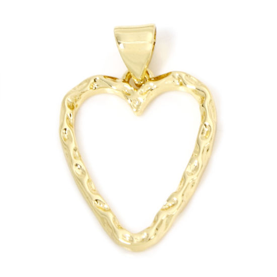 Picture of 1 Piece Eco-friendly Brass Valentine's Day Charm Pendant 18K Real Gold Plated Heart Texture Hollow 23mm x 15mm