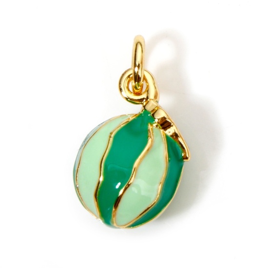 Picture of 1 Piece Eco-friendly Brass Charms 18K Real Gold Plated Green Watermelon Fruit Enamel 3D 16mm x 8.5mm