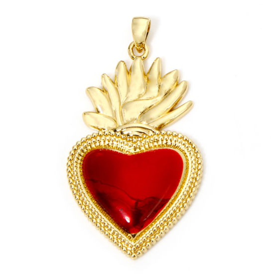 Picture of 1 Piece Eco-friendly Brass Religious Pendants 18K Real Gold Plated Red Ex Voto Heart 4cm x 2.2cm