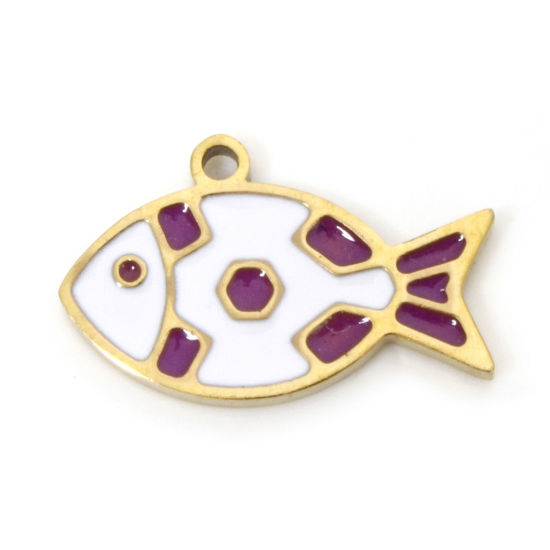Bild von 2 Stück Umweltfreundliche PVD-Vakuumbeschichtung 304 Edelstahl Ozean Schmuck Charms Fisch 18K Echtgold plattiert Weiß & Violett Emaille 14.5mm x 9mm