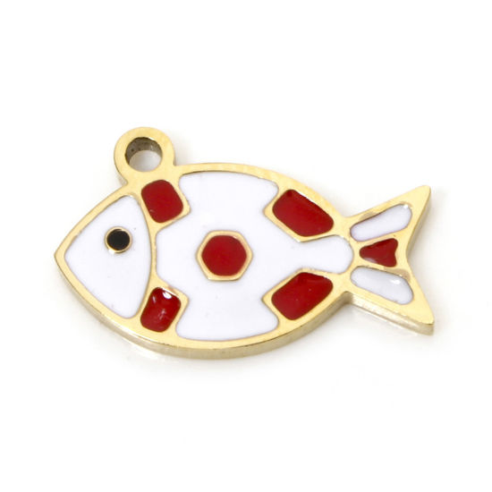 Bild von 2 Stück Umweltfreundliche PVD-Vakuumbeschichtung 304 Edelstahl Ozean Schmuck Charms Fisch 18K Echtgold plattiert Weiß & Rot Emaille 14.5mm x 9mm