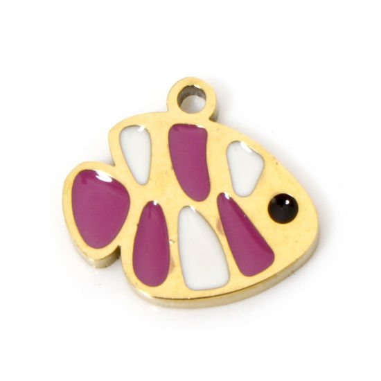 Bild von 2 Stück Umweltfreundliche PVD-Vakuumbeschichtung 304 Edelstahl Ozean Schmuck Charms Fisch 18K Echtgold plattiert Weiß & Violett Emaille 11mm x 10mm