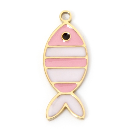 Bild von 2 Stück Umweltfreundliche PVD-Vakuumbeschichtung 304 Edelstahl Ozean Schmuck Charms Fisch 18K Echtgold plattiert Weiß & Rosa Streifen Emaille 18mm x 7.5mm