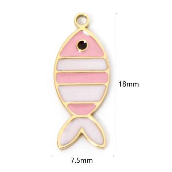 Bild von 2 Stück Umweltfreundliche PVD-Vakuumbeschichtung 304 Edelstahl Ozean Schmuck Charms Fisch 18K Echtgold plattiert Weiß & Rosa Streifen Emaille 18mm x 7.5mm