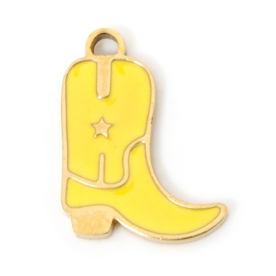 Bild von 2 Stück Umweltfreundliche PVD-Vakuumbeschichtung 304 Edelstahl West-Cowboy Charms Stiefel 18K Echtgold plattiert Gelb Pentagramm Emaille 12.5mm x 9.5mm