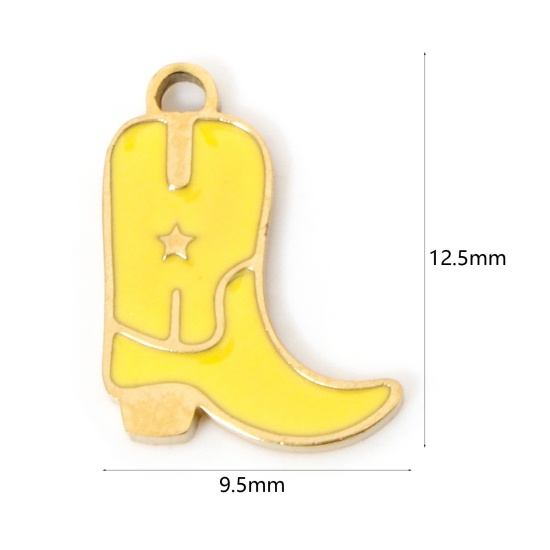 Bild von 2 Stück Umweltfreundliche PVD-Vakuumbeschichtung 304 Edelstahl West-Cowboy Charms Stiefel 18K Echtgold plattiert Gelb Pentagramm Emaille 12.5mm x 9.5mm