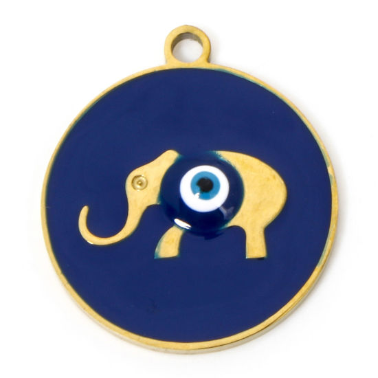 Bild von 2 Stück Umweltfreundliche PVD-Vakuumbeschichtung 304 Edelstahl Retro Charms Elefant 18K Echtgold plattiert Dunkelblau Auge Emaille 20.5mm x 18mm